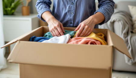 Woman hands cardboard box clothing donation folded clothes letter home charity volunteerの素材