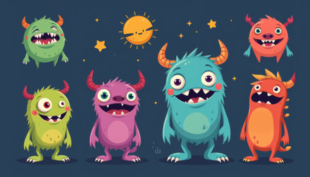 Cute monster, cartoon creature, horned character, friendly smile, big eyes, colorful, playfulの素材