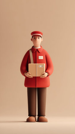 Delivery person holding package with neutral expression wearing red uniform and cap on beige backgroundの素材