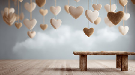 Soft hanging heart decorations beige and brown tones create warm romantic atmosphere above wooden bench light wooden floorの素材