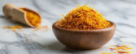 Saffron spice threads in wooden bowl with scoop on marble surface, bright yellow and orange strands for cooking flavorの素材