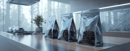 Dried tea leaves packed in transparent resealable bags on wooden kitchen counter with modern appliances and soft natural lightの素材