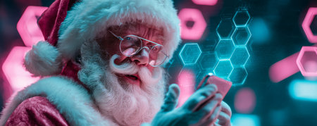 Santa Claus with glasses using smartphone with futuristic digital interface and glowing hexagons in backgroundの素材