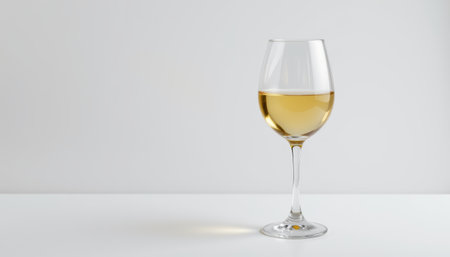 Glass of white wine with golden color on white surface and light gray background, elegant and refreshing drinkの素材