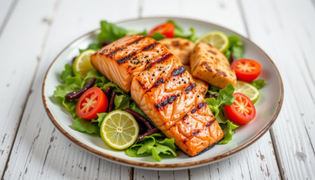 Grilled salmon fillet with fresh salad, cherry tomato, lime slices, and greens served on white plate, delicious healthy mealの素材