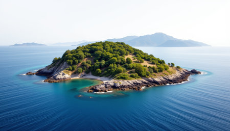 Beautiful island with lush green trees surrounded by calm blue ocean water and distant mountains under clear skyの素材
