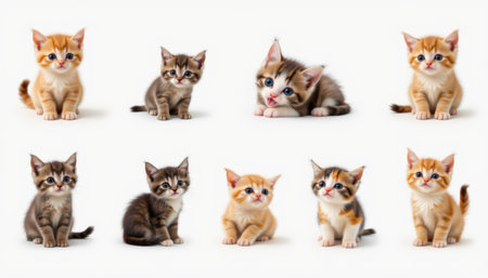 Cute kitten cat collection with playful and curious expressions sitting and lying on white backgroundの素材