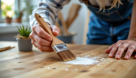Wooden brush cleaning dust on wooden table with hand in casual clothing, indoor workspace with plants and toolsの素材