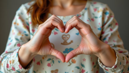 Woman making heart shape with hands in front of floral patterned shirt showing love and warmth gestureの素材