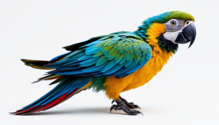 Colorful parrot with blue, green, and yellow feathers perched on white background showing detailed plumage and sharp beakの素材
