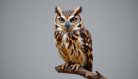 Owl bird perched on branch with intense eyes and detailed feathers isolated on gray backgroundの素材