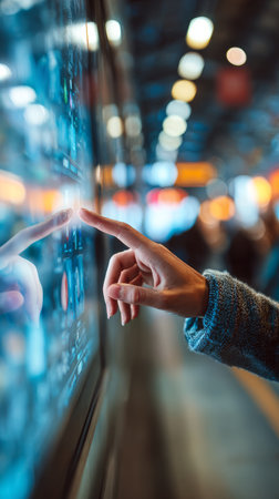 Touchscreen interaction with hand in public space, modern technology use with blurred background lightsの素材