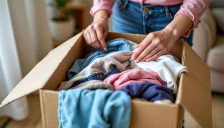 Woman packing colorful clothes into cardboard box for donation or moving, showing care and organizationの素材
