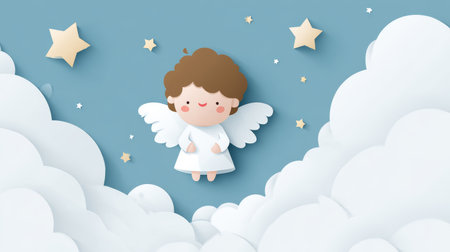 Cute angel with wings flying in sky among clouds and stars, cheerful and peaceful atmosphereの素材