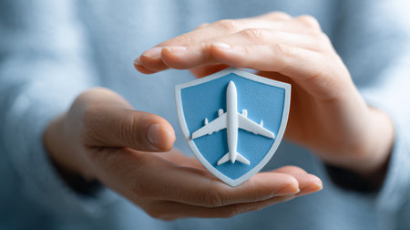 Airplane shield protection hands travel safety blue white close up concept human security transportation flight aviation careの素材