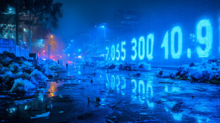 Garbage bags scattered on wet street at night with blue neon digital numbers glowing on building wall reflecting on puddlesの素材