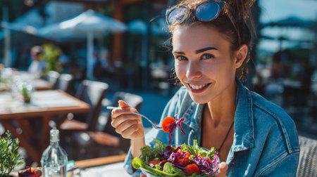 Young woman eating fresh vegetable salad with tomato and lettuce in outdoor cafe, enjoying healthy meal with smileの素材