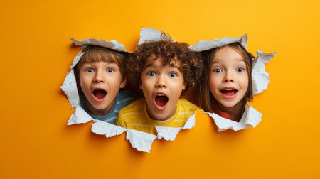 Three surprised children with open mouths peeking through torn orange paper, expressing excitement and curiosityの素材