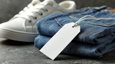 Folded blue denim jeans with blank white tag and white casual sneaker on dark surfaceの素材
