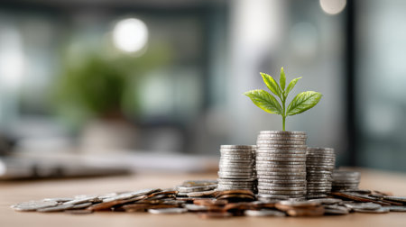 Coins plant growth investment money finance small green plant growing stacked coins symbolizing financial growthの素材