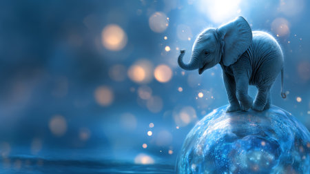 Baby elephant standing on glowing blue planet with magical bokeh lights creating dreamy atmosphereの素材