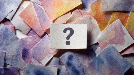 Question mark on paper card with colorful torn paper background, symbolizing curiosity and uncertainty in creative conceptの素材