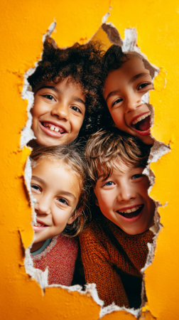 Happy children smiling through torn yellow paper with joyful expressions and diverse hair stylesの素材