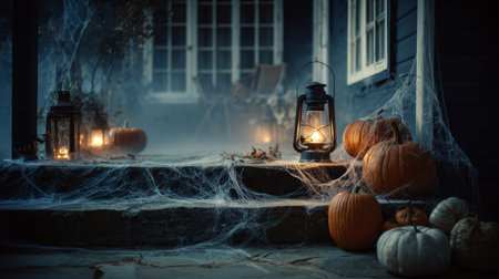 Halloween pumpkin lanterns on porch with spider web and fog at nightの素材
