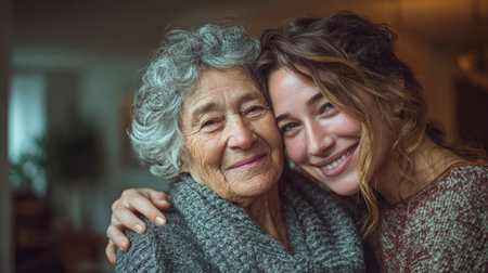 Elderly woman and young woman smiling warmly together showing affection and family bond in cozy indoor settingの素材