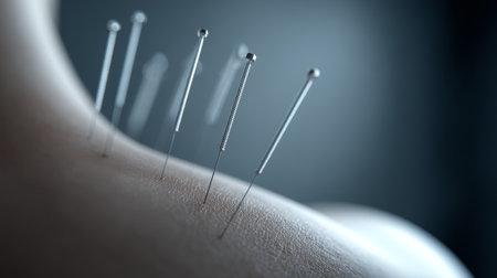 Acupuncture needles inserted into skin for therapy and pain relief in calm medical settingの素材