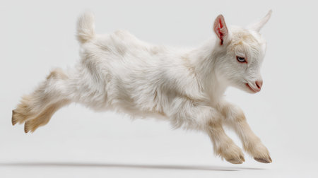 Young white goat jumping in midair with soft fur and blue eyes on light background, lively and energetic animal motionの素材