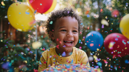 Happy toddler boy smiling with colorful confetti and balloons during outdoor celebration partyの素材