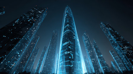 Futuristic cityscape with glowing skyscraper towers illuminated by blue light at night, creating high tech atmosphereの素材