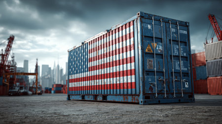 Shipping container with American flag design stands in industrial port with cranes and city skyline under cloudy skyの素材