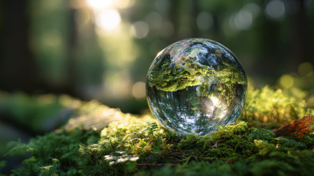 Crystal ball reflecting forest and sunlight on green moss in natural environment with peaceful atmosphereの素材