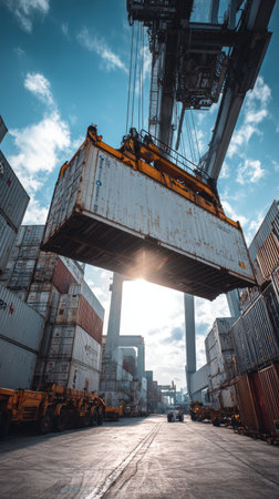 Container crane lifting large shipping container at busy port with stacked containers and bright skyの素材
