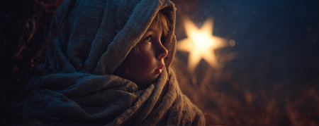 Child wrapped in warm blanket gazes thoughtfully at glowing star shaped light in dark, cozy settingの素材