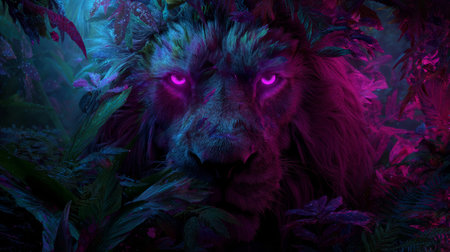 Glowing eyes lion in dark jungle with purple and blue light creating mysterious and intense atmosphereの素材