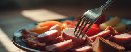 Sliced sausage on plate with fork and mixed vegetables in warm natural lightの素材