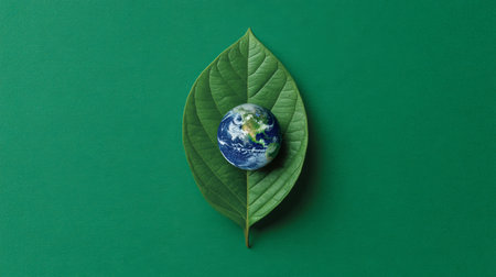 Earth globe on green leaf symbolizing environmental protection and nature conservation with vibrant colorsの素材