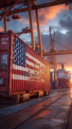 American flag painted on shipping container at port during sunset with cranes and ship in backgroundの素材