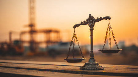 Antique balance scale on wooden surface with blurred construction site background at sunset, symbolizing justice and fairnessの素材