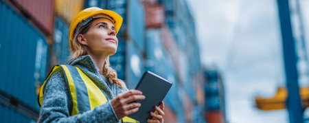 Female worker in safety vest and helmet holding tablet with container yard background, showing focus and determinationの素材