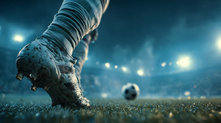 Soccer cleat on grass field with ball in stadium under bright lights, action moment with dynamic atmosphereの素材