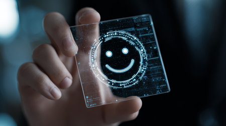 Hand holding transparent digital interface with glowing smiley face symbol, futuristic technology concept with positive emotionの素材
