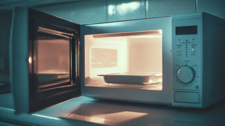 Microwave oven with open door and metal tray inside on kitchen countertop with soft lighting creating warm atmosphereの素材