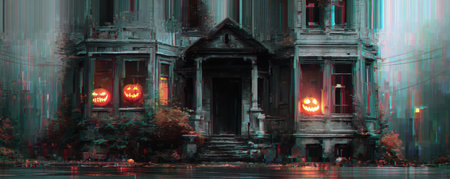 Haunted house with glowing jack o lanterns in windows creates spooky Halloween atmosphere at nightの素材