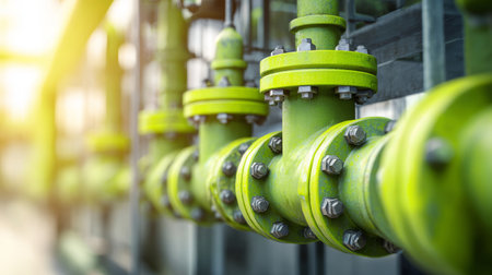 Green industrial pipeline with bolts and flanges in factory setting, showing detailed metalwork and mechanical structureの素材