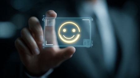 Smiling face icon glowing on transparent digital interface held by hand, symbolizing positive emotion and satisfactionの素材