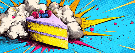 Colorful cake slice with berry topping in comic style explosion background, vibrant dessert illustration with dynamic energyの素材